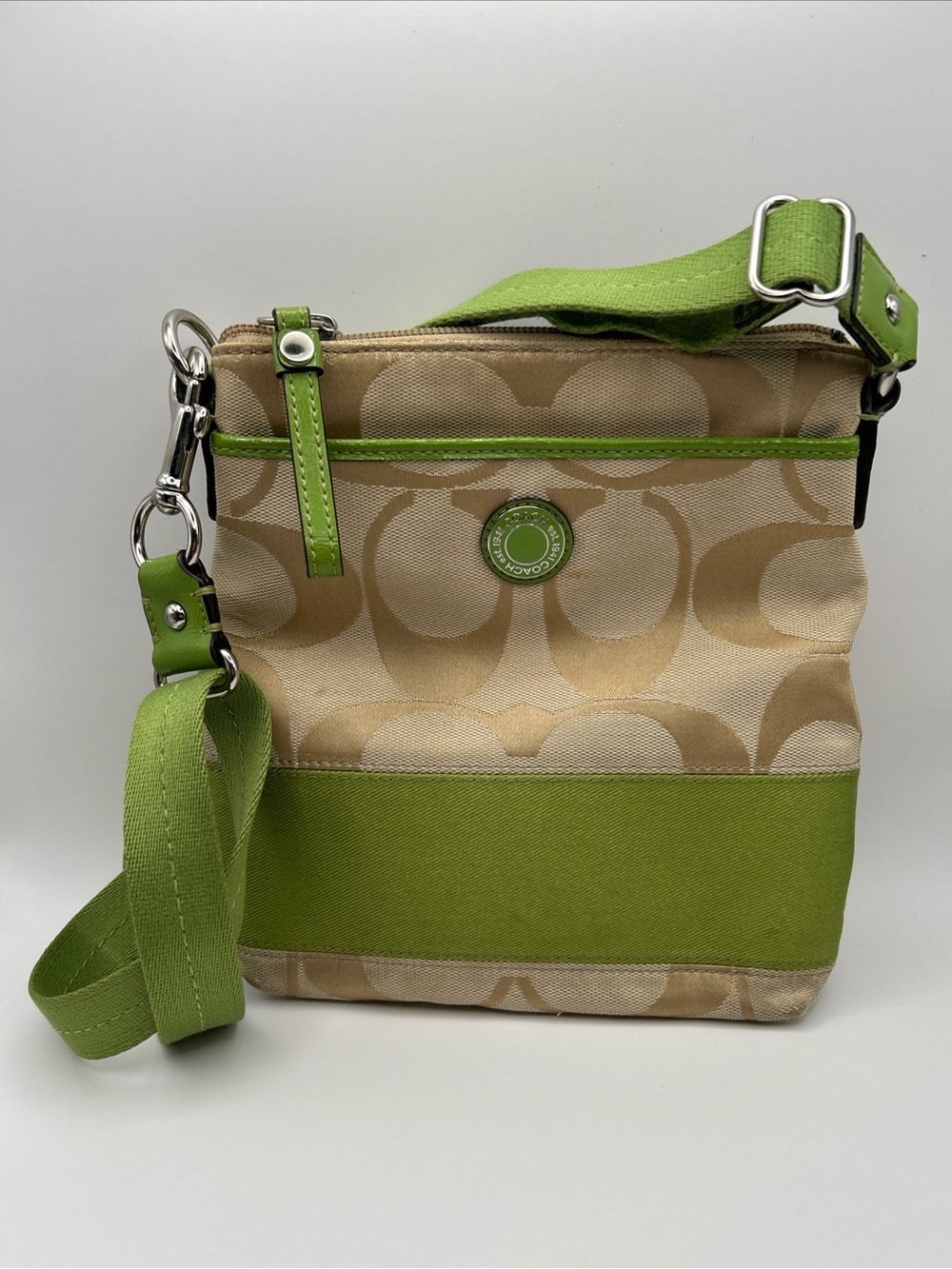 Vintage Y2K Coach Signature Jacquard Swingpack Crossbody Bag Tan Lime Green Trim